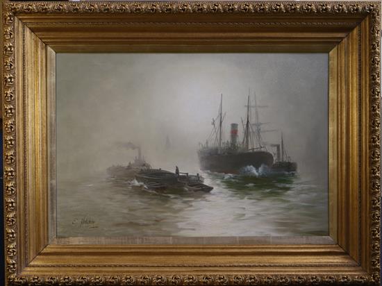 Edwin Fletcher (1857-1945) Merchantmen in the mist 20 x 29in.